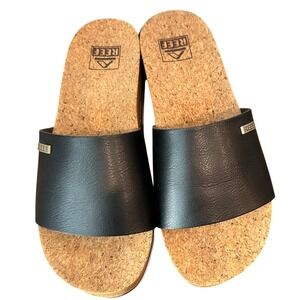 Reef Cushion Scout Hi Black‎ Platform Slide Sandals with Cork Footbed Women's 7